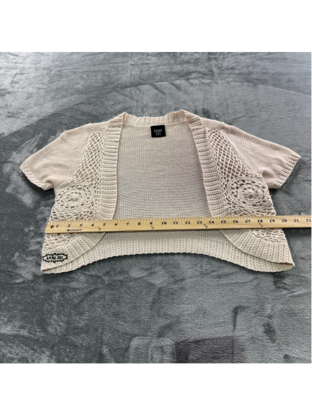 Anna Sui Cardigan Womens S Crochet Boho Bolero Cottagecore Y2K Open Knit Ivory - Picture 10 of 13